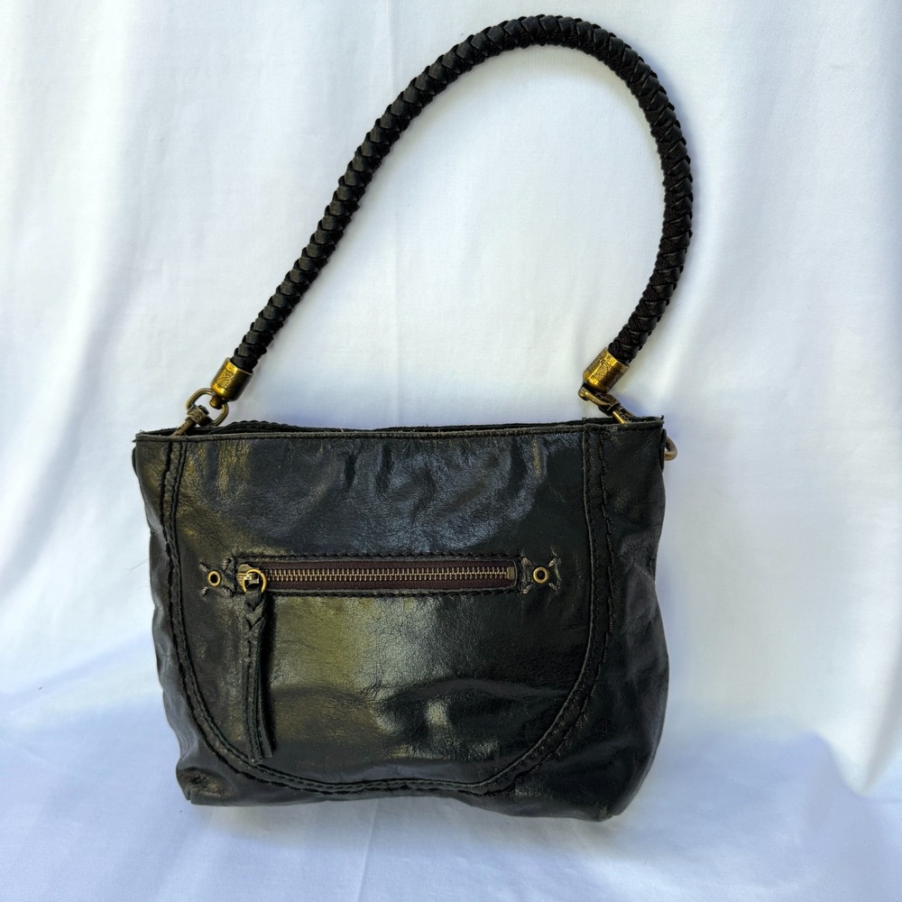 The Sak Indio Demi Shoulder Bag Women's Black Leather Braided Handle Front Zip